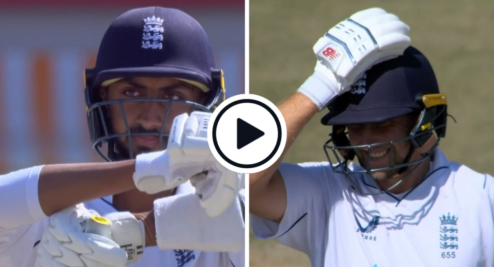 Shoaib Bashir reviews after being bowled out by Ravindra Jadeja on day three of the India-England fifth Test in Dharamshala, Joe Root laughs with his hand on his head