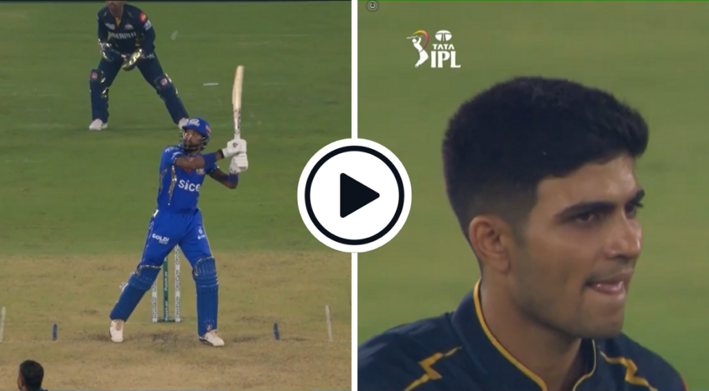 Hardik Pandya hits a six, Shubman Gill reacts after a wicket in the final over of the Gujarat Titans-Mumbai Indians IPL 2024 clash