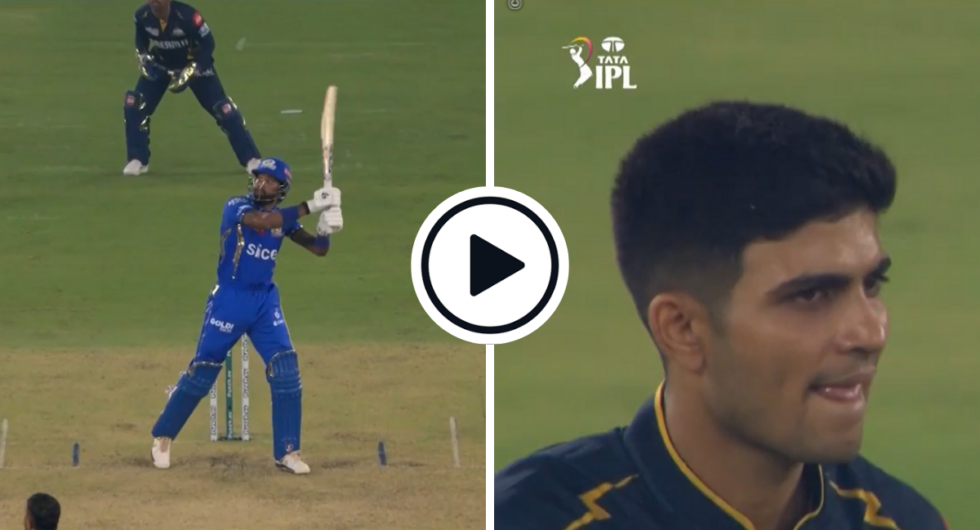 Hardik Pandya hits a six, Shubman Gill reacts after a wicket in the final over of the Gujarat Titans-Mumbai Indians IPL 2024 clash