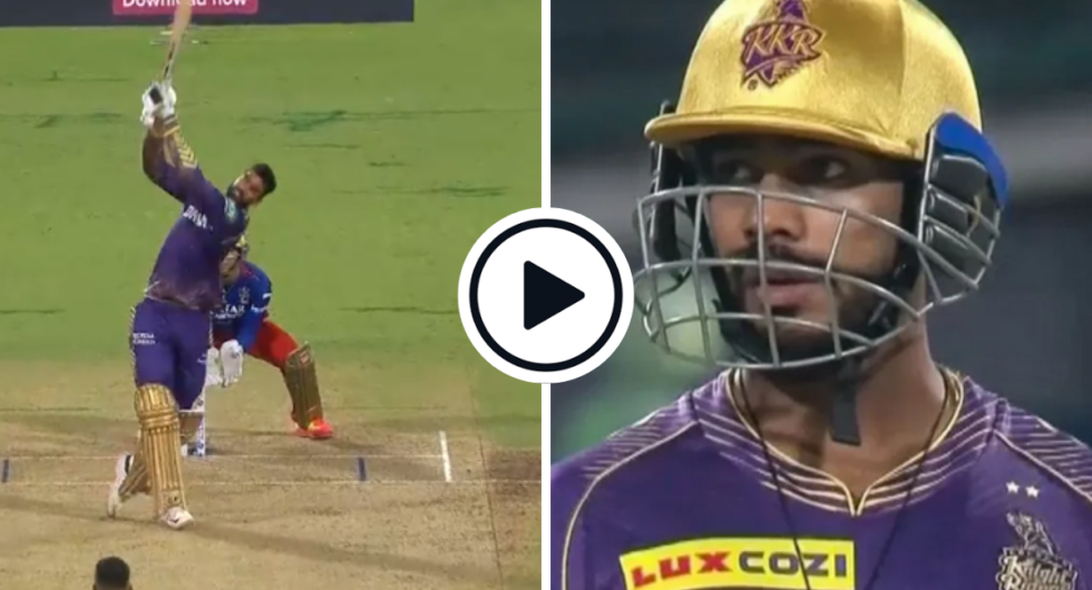 Venkatesh Iyer hits a six during his half-century against RCB in IPL 2024