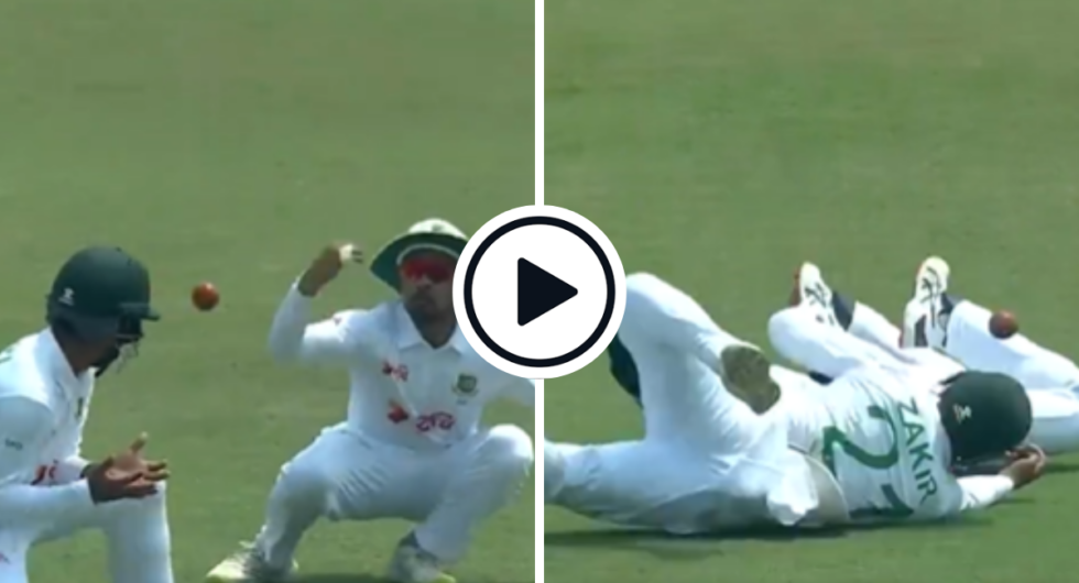 Three Bangladesh fielders juggle slip catch