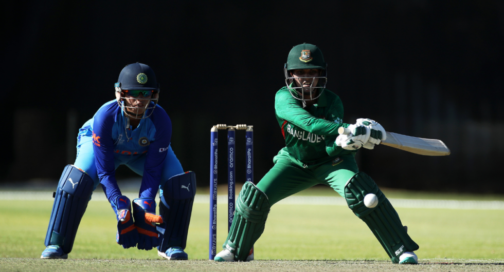 Nigar Sultana Joty of Bangladesh plays a shot as Richa Ghosh of India keeps during a warm-up match between Bangladesh and India prior to the ICC Women's T20 World Cup South Africa 2023 at Stellenbosch University 1 on February 08, 2023 in Stellenbosch, South Africa.