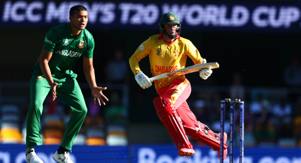 Sean Williams of Zimbabwe bats during the ICC Men's T20 World Cup match between Bangladesh and Zimbabwe at The Gabba on October 30, 2022 in Brisbane, Australia.