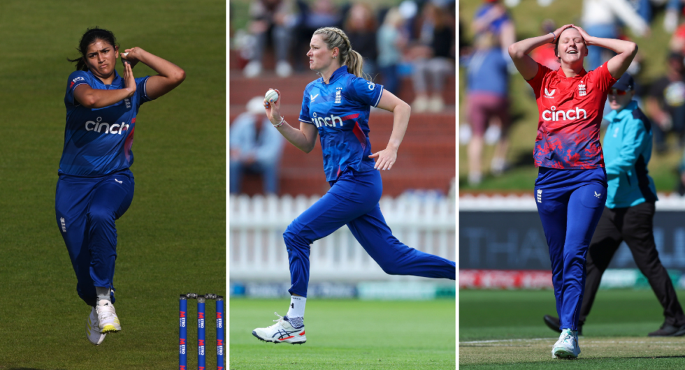 Mahika Gaur, Lauren Bell, Lauren Filer split image of three of England's fast-bowling prospects