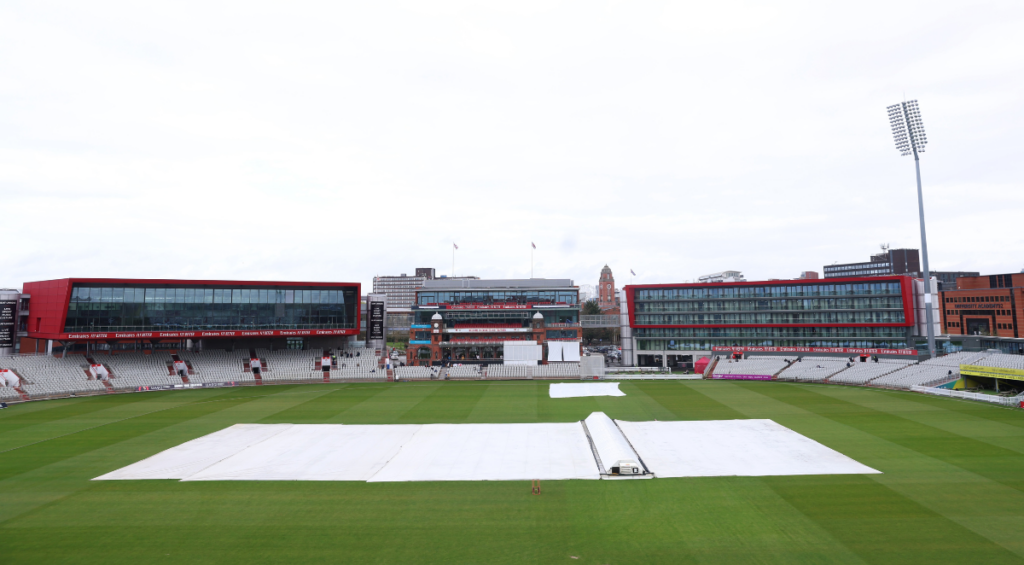 An overview of Old Trafford with the covers on ahead of the first day of the 2024 County Championship