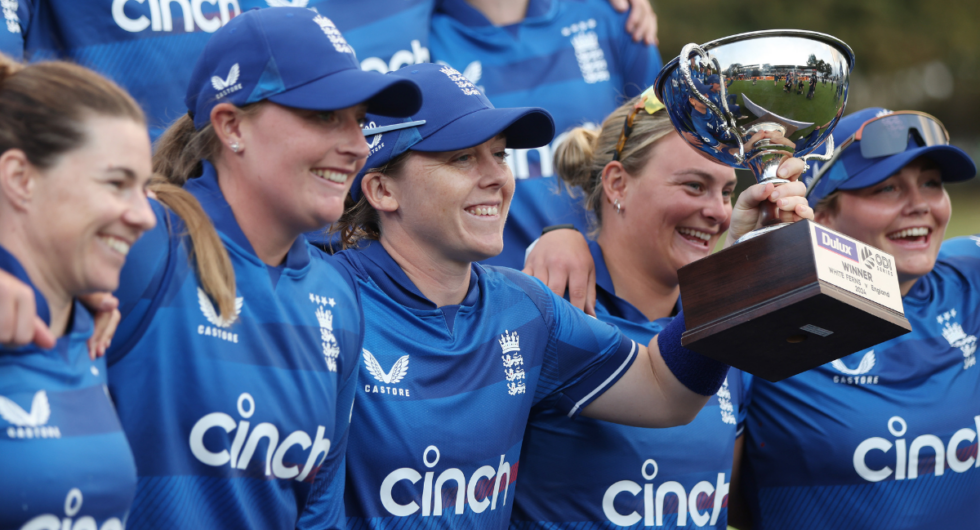 Heather Knight lifts the ODI series trophy in New Zealand