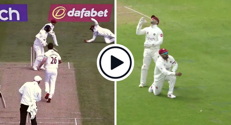 Karun Nair takes a stunning catch of Colin Ingram at slip on day two of the County Championship 2024 fixture between Northamptonshire vs Glamorgan