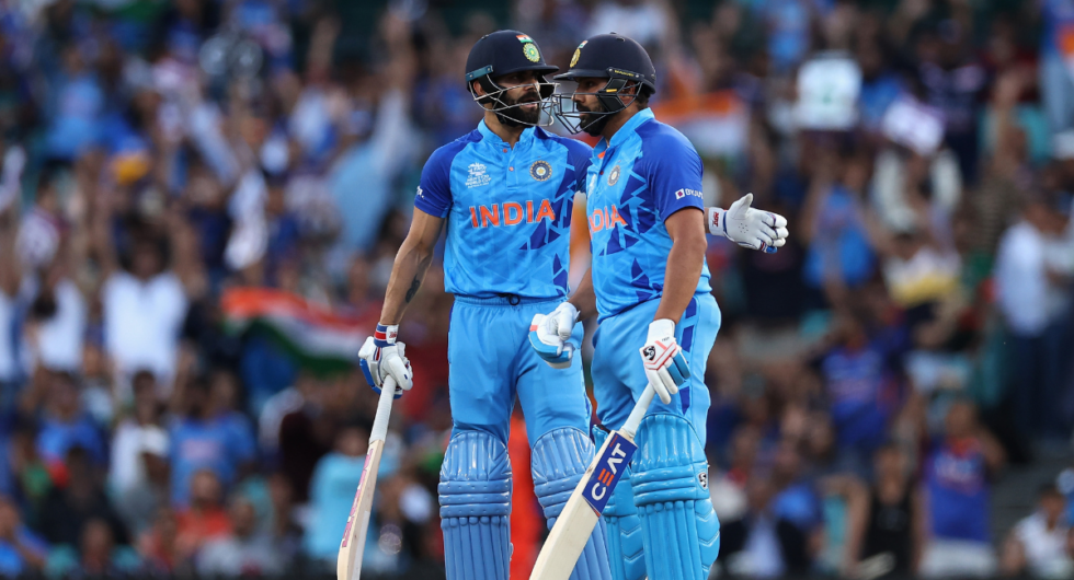 Virat Kohli of India talks to Rohit Sharma of India during the ICC Men's T20 World Cup match between India and Netherlands at Sydney Cricket Ground on October 27, 2022 in Sydney, Australia.