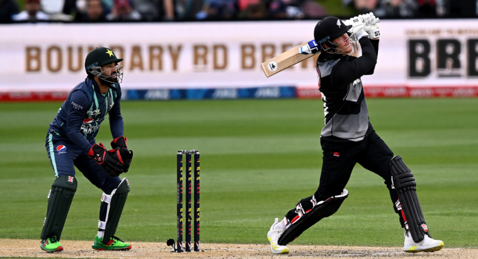 Finn Allen of New Zealand bats during game four of the T20 International series between New Zealand and Pakistan at Hagley Oval on October 11, 2022 in Christchurch, New Zealand.