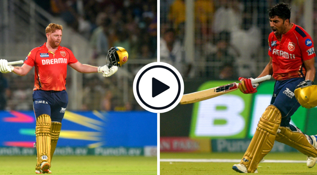 Jonny Bairstow (L) and Shashank Singh (R) celebrate after pulling off the highest successful run-chase in T20s in the IPL 2024 match between KKR and PBKS at the Eden Gardens.