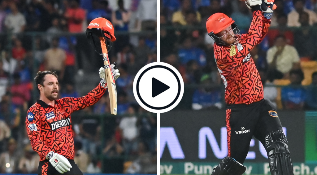 Travis Head (L) celebrates his century, while Heinrich Klaasen (R) plays a shot during the IPL 2024 match between Sunrisers Hyderabad and Royal Challengers Bengaluru at M. Chinnaswamy Stadium on April 15.