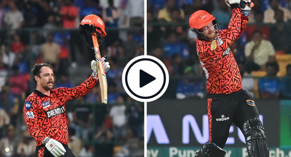 Travis Head (L) celebrates his century, while Heinrich Klaasen (R) plays a shot during the IPL 2024 match between Sunrisers Hyderabad and Royal Challengers Bengaluru at M. Chinnaswamy Stadium on April 15.
