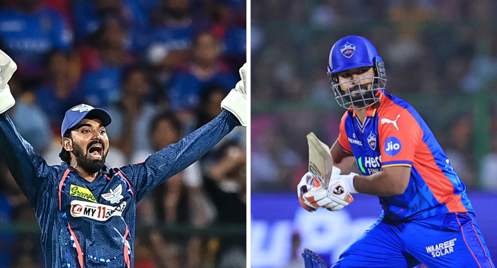 Lucknow Supergiants KL Rahul (L) appeals, while Delhi Capitals captian Rishabh Pant (R) plays a shot during IPL 2024.