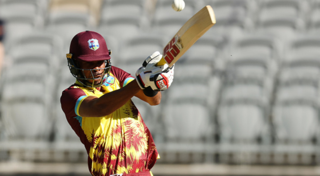 Roston Chase of the West Indies bats during game three of the Men's T20 International series between Australia and West Indies at Optus Stadium on February 13, 2024 in Perth, Australia.