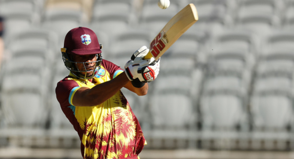 Roston Chase of the West Indies bats during game three of the Men's T20 International series between Australia and West Indies at Optus Stadium on February 13, 2024 in Perth, Australia.