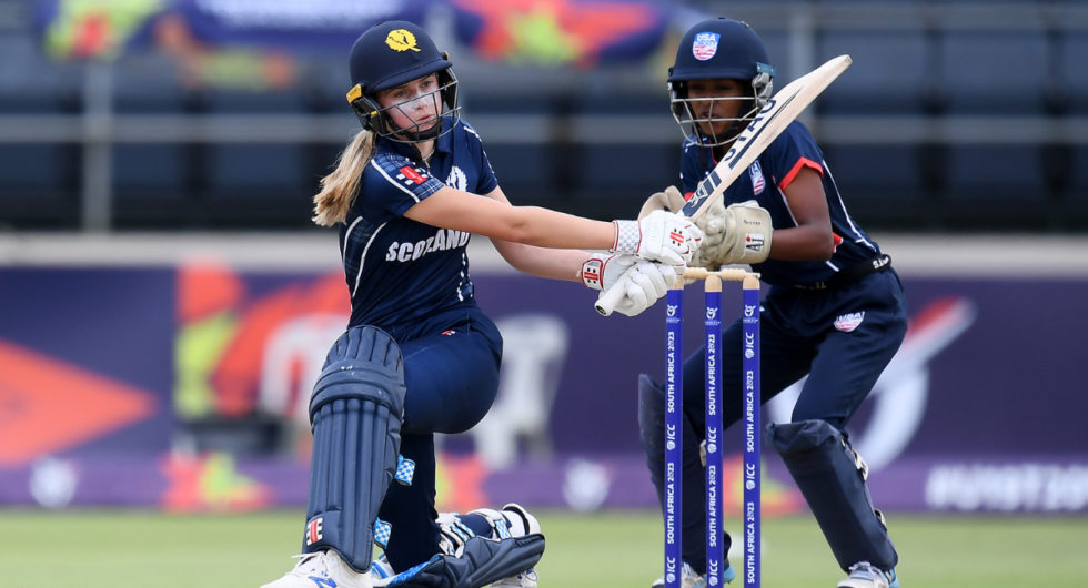 Darcey Carter of Scotland plays a shot during the ICC Women's U19 T20 World Cup 2023 4th place playoff match between USA and Scotland at Willowmoore Park on January 20, 2023 in Benoni, South Africa.
