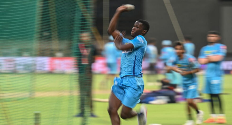 Shamar Joseph in action during training for IPL side Lucknow Super Giants