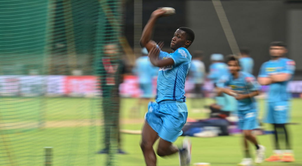 Shamar Joseph in action during training for IPL side Lucknow Super Giants