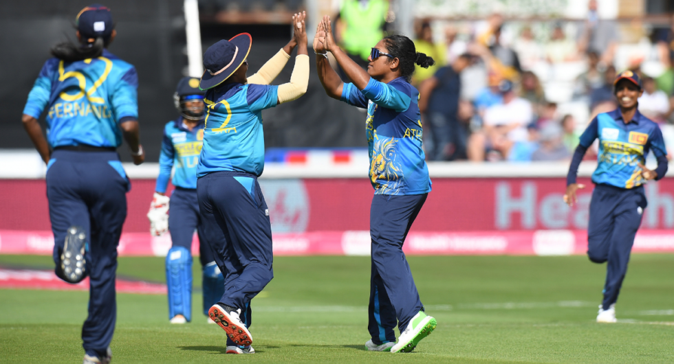 Chamari Athapaththu (R) of Sri Lanka Women celebrates bowling out Danni Wyatt of Englandduring the 2nd Vitality IT20 match between England Women and Sri Lanka women at The Cloud County Ground on September 02, 2023 in Chelmsford, England.