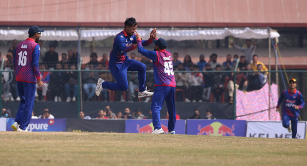 Members of the Nepali national cricket team are celebrating after taking a wicket against the Netherlands during the ICC Cricket World Cup (CWC) League 2 match between Nepal and the Netherlands at Tribhuvan University Cricket Ground in Kathmandu, Nepal, on February 17, 2024.