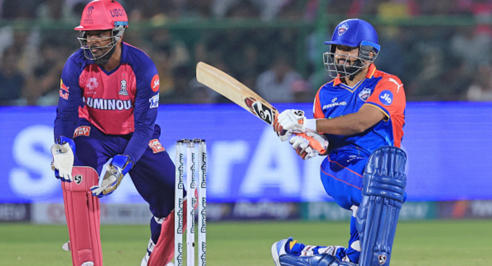 Delhi Capitals captain Rishabh Pant is playing a shot during the Indian Premier League (IPL) 2024 T20 cricket match between Rajasthan Royals and Delhi Capitals at Sawai Mansingh Stadium in Jaipur, Rajasthan, India, on March 28, 2024.