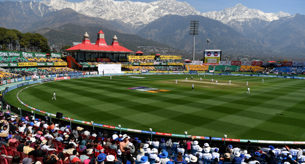 General view of play during day three of the 5th Test Match between India and England at Himachal Pradesh Cricket Association Stadium on March 09, 2024 in Dharamsala, India.