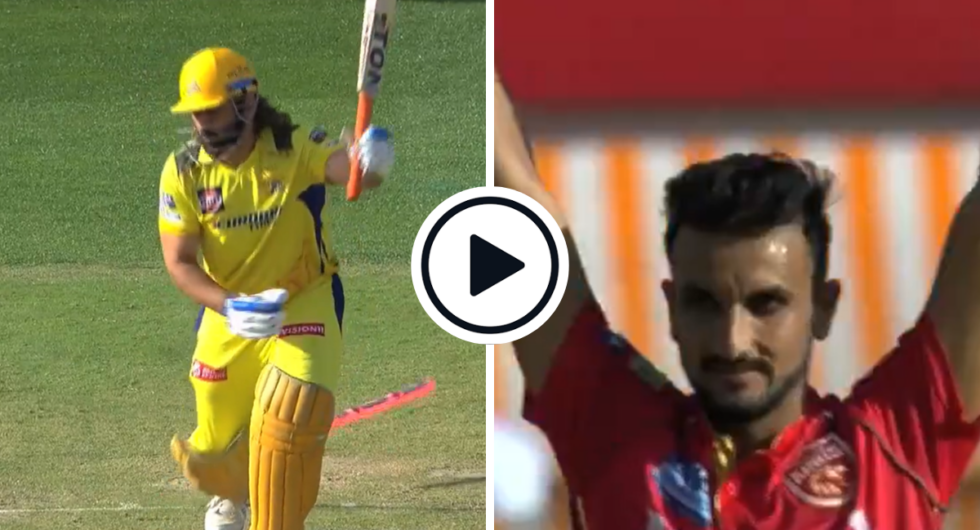 Harshal Patel knocks over MS Dhoni’s off stump first ball