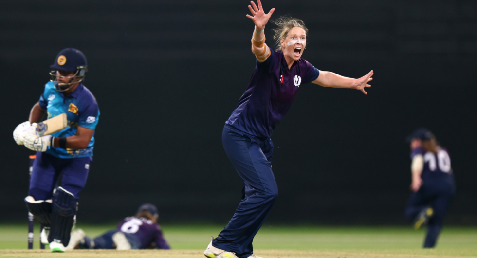 Chloe Abel of Scotland unsuccessfully appeals for the wicket of Chamari Athapaththu of Sri Lanka during the ICC Women's T20 World Cup Qualifier 2024 match between Scotland and Sri Lanka at Zayed Cricket Stadium on April 27, 2024 in Abu Dhabi, United Arab Emirates.