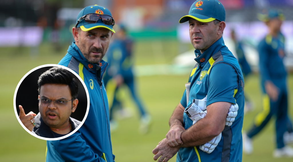 Head coach of Australia, Justin Langer talks to Former player Ricky Ponting during the Australia Nets Session at Bristol County Ground on May 30, 2019 in Bristol, England.