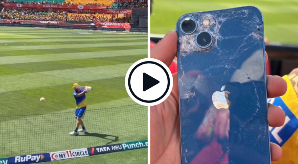 Daryl Mitchell accidentally smashes a full blooded full shot at one of the spectators' phone ahead of the PBKS vs CSK match on May 5 in Dharamshala