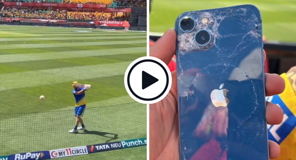 Daryl Mitchell accidentally smashes a full blooded full shot at one of the spectators' phone ahead of the PBKS vs CSK match on May 5 in Dharamshala