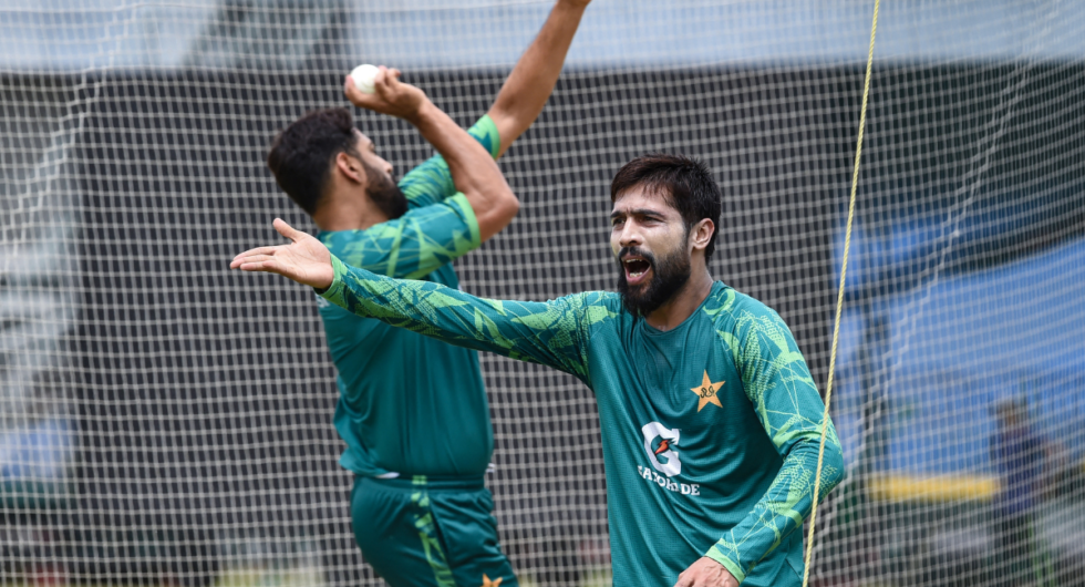 Pakistan's Mohammad Amir (R) takes part in a practice session at the Gaddafi Cricket Stadium in Lahore on May 4, 2024, ahead of Pakistan's Twenty20 international series in Ireland and England later this month.