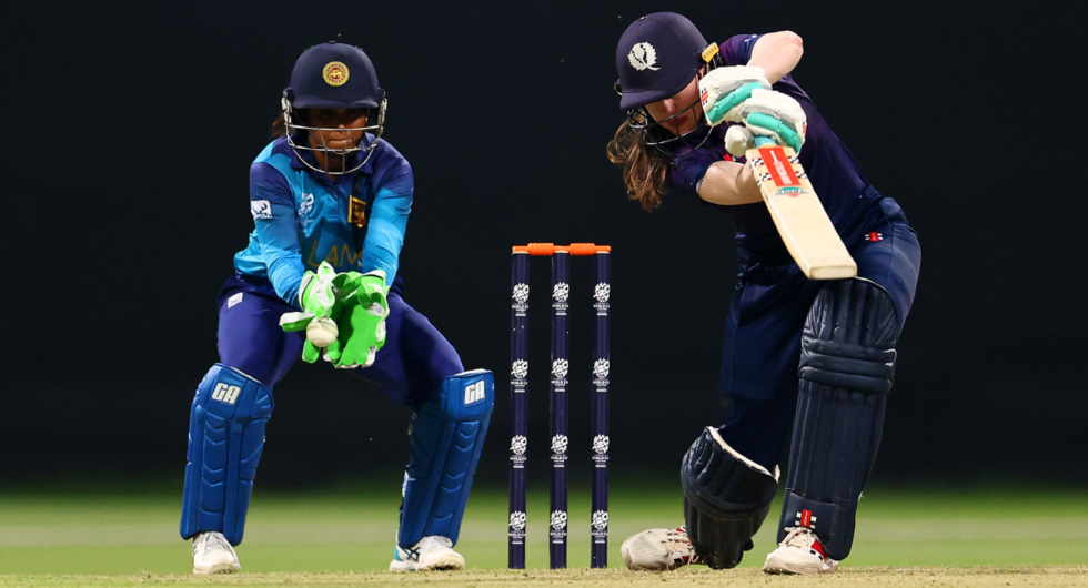 Sarah Bryce of Scotland is caught behind by Anushka Sanjeewani of Sri Lanka during the ICC Women's T20 World Cup Qualifier 2024 match between Scotland and Sri Lanka at Zayed Cricket Stadium on April 27, 2024 in Abu Dhabi, United Arab Emirates.