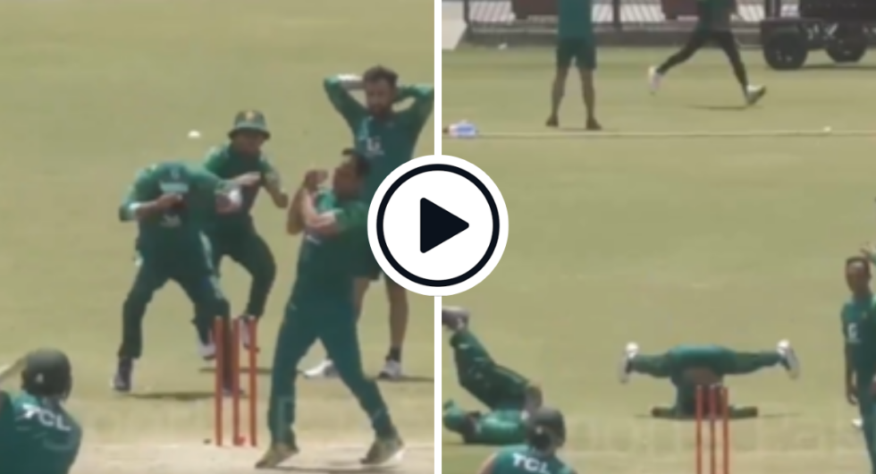 Watch: Pakistan batter Azam Khan sent two members of the support staff ducking after a straight shot during a nets session.