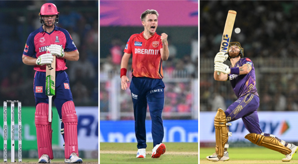 English players at IPL 2024: Jos Buttler holds his bat (L). Sam Curran celebrates a wicket (centre), Phil Salt plays a shot (R)