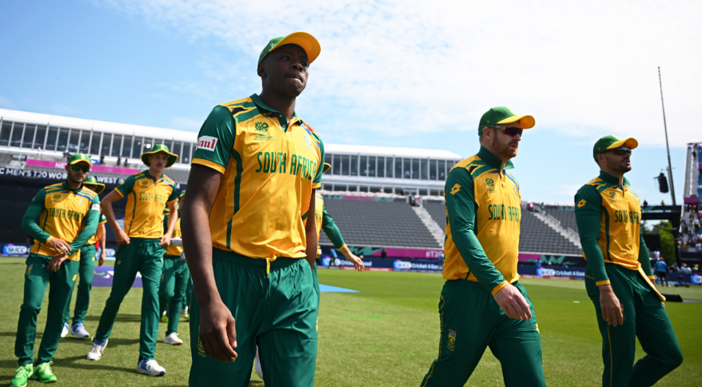 South Africa players make their way out to field during the Men's T20 World Cup 2024 match between Sri Lanka and South Africa in New York