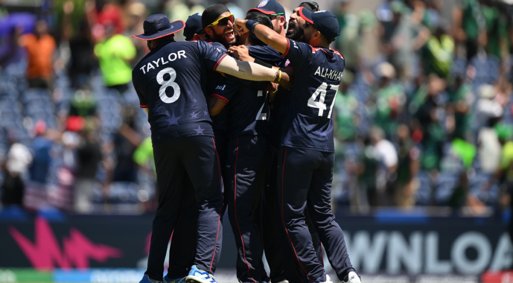 USA players celebrate after defeating Pakistan in a super over during the ICC Men's T20 Cricket World Cup West Indies & USA 2024 match between USA and Pakistan at Grand Prairie Cricket Stadium on June 06, 2024 in Dallas, Texas.